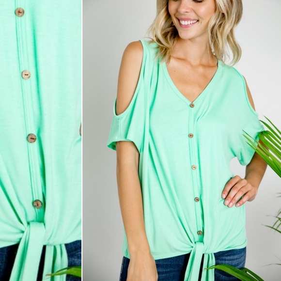 Mint Cold Shoulder Button Tie Waist - Picture 2 of 2
